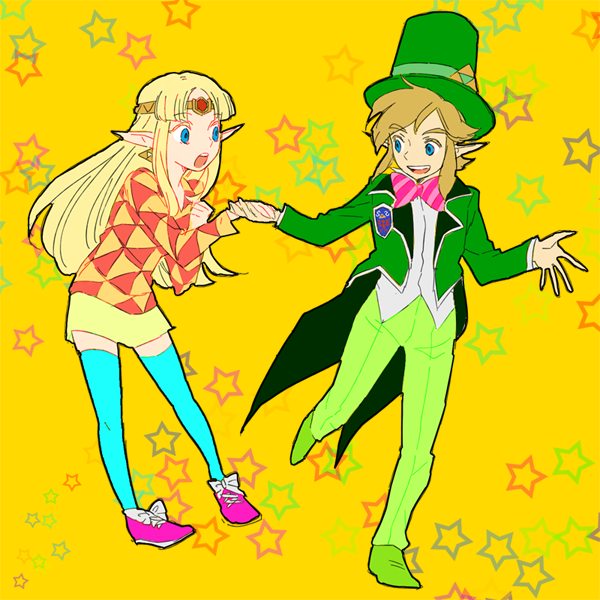 a_link_between_worlds, badge, blonde_hair, blue_eyes, bowtie, casual, contemporary, earrings