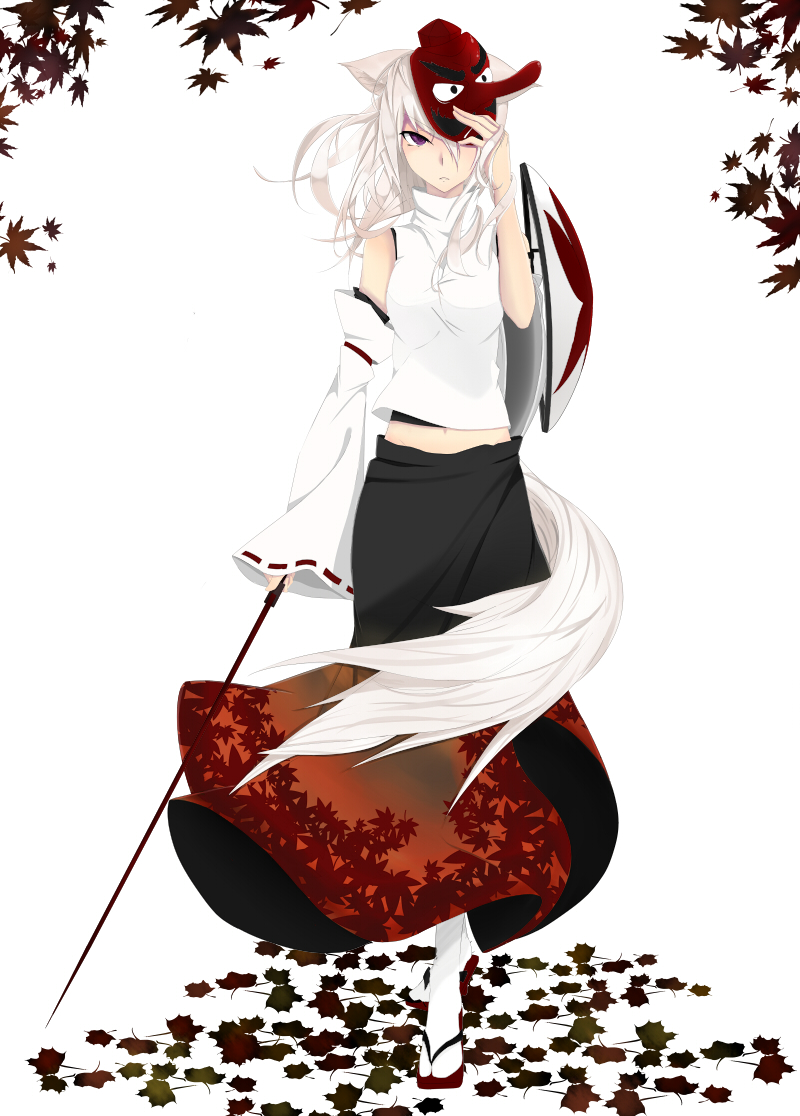 animal_ears, autumn_leaves, bare_shoulders, breasts, detached_sleeves, geta, inubashiri_momiji, leaf