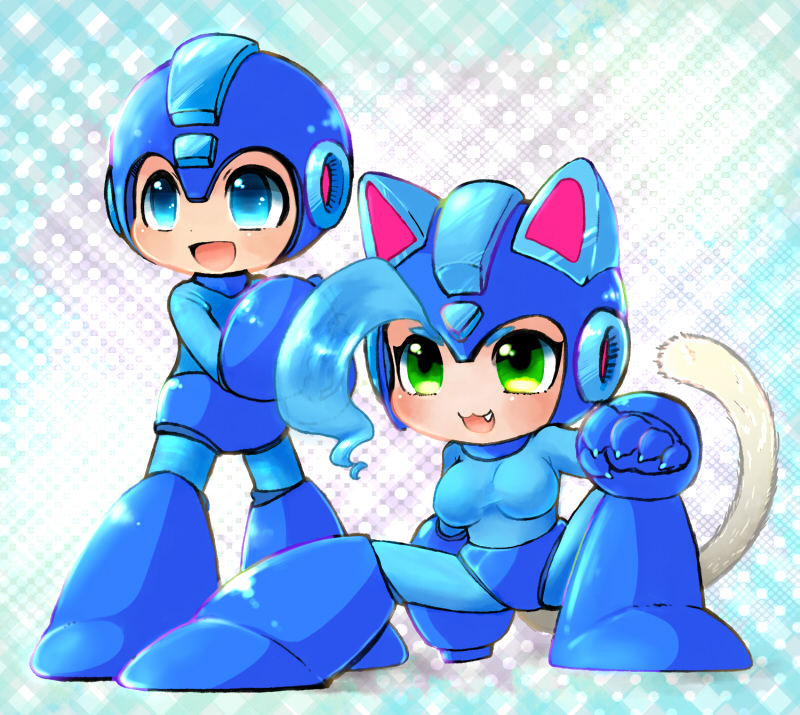 1boy, 1girl, :3, ahoge, animal_ears, blue_eyes, blue_hair, breasts