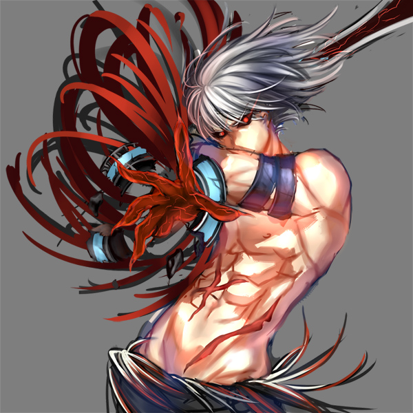 1boy, albino, armband, berserker_(dungeon_and_fighter), dungeon_and_fighter, grey_background, grey_hair, inanna123