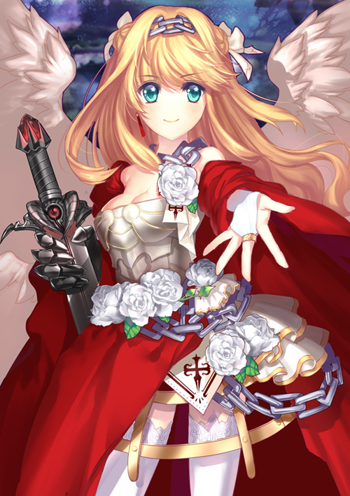 1girl, armor, armored_dress, blonde_hair, blue_background, bridal_gauntlets, cape, carnation, chain, dress, flower, gauntlets, gloves, green_eyes, hairband, half_updo, inanna123, long_hair, original, outstretched_hand, skirt, smile, solo, strapless_dress, sword, thigh-highs, weapon, white_legwear, wings