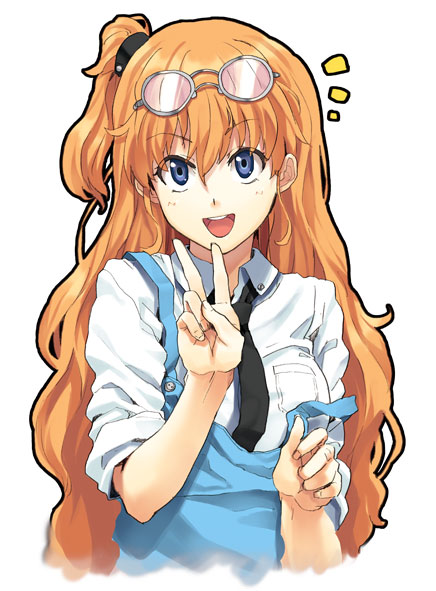:d, brown_hair, glasses, glasses_on_head, hands, long_hair, necktie, open_mouth