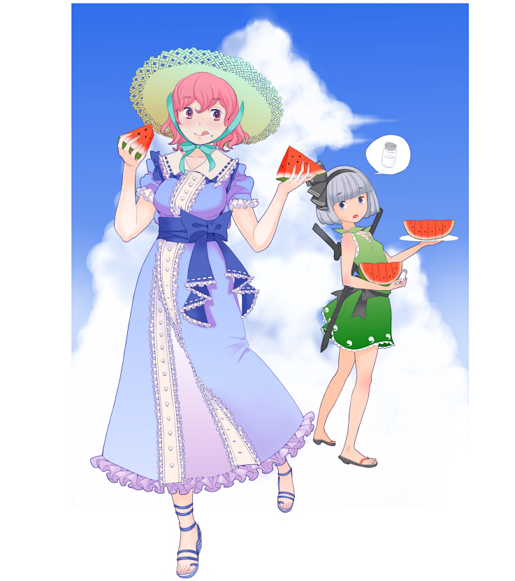 ayaco, blush, food, fruit, holding, holding_fruit, konpaku_youmu, saigyouji_yuyuko, sandals, sleeveless, tongue, touhou, watermelon