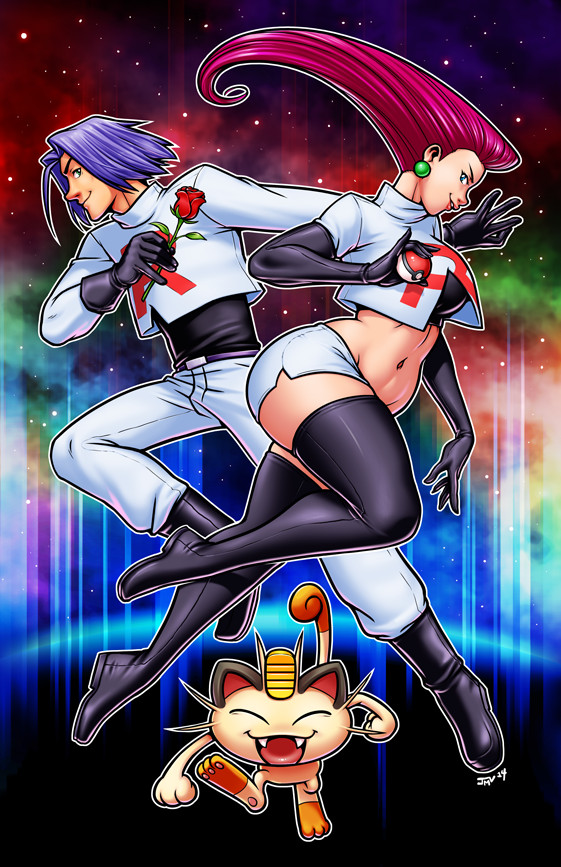 1boy, 1girl, ^_^, black_gloves, blue_eyes, blue_hair, boots, breasts, closed_eyes, crop_top, earrings, elbow_gloves, fangs, flower, gloves, holding, holding_poke_ball, jewelry, kaigetsudo, kojirou_(pokemon), long_hair, meowth, midriff, miniskirt, musashi_(pokemon), navel, poke_ball, pokemon, pokemon_(anime), purple_hair, rose, skirt, smile, star, starry_background, team_rocket, thigh-highs, thigh_boots, very_long_hair, zettai_ryouiki