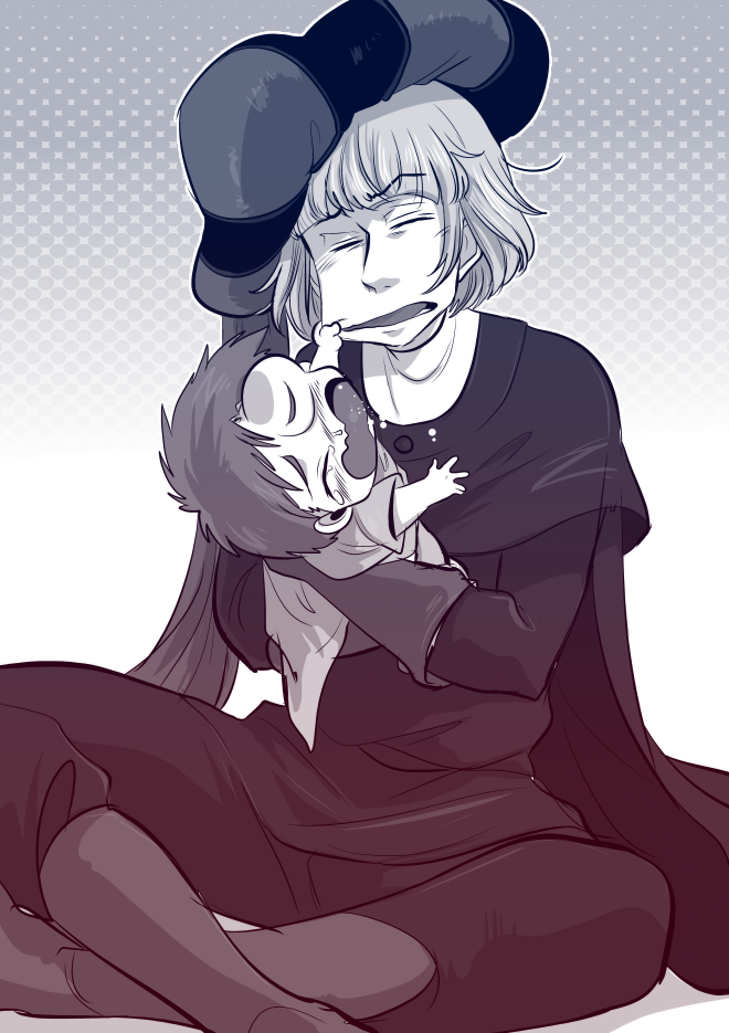 2boys, cape, child, claude_frollo, crying, disney, greyscale, hat