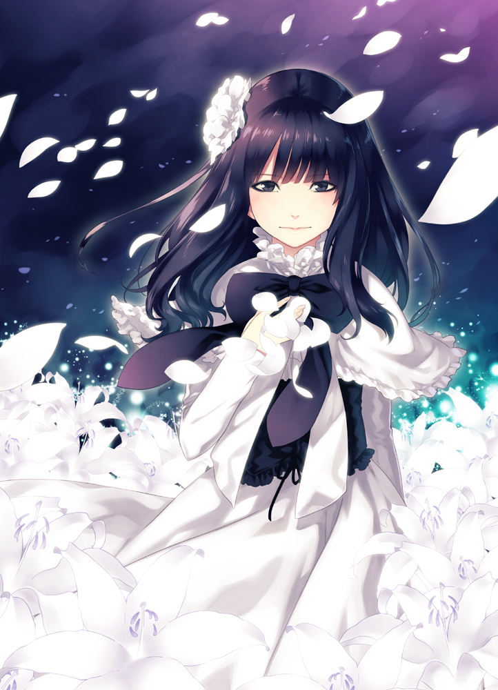 1girl, black_hair, flower, hair_flower, hair_ornament, hirano_katsuyuki, long_hair, morning_musume, petals, sayashi_riho, solo