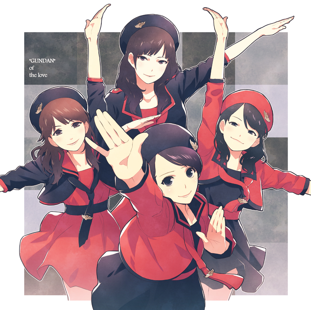 4girls, beret, black_hair, flower, fukumura_mizuki, hat, hirano_katsuyuki, ishida_ayumi