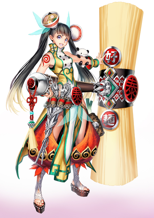 1girl, baggy_pants, black_hair, breasts, full_body, hair_ornament, hair_wings, huge_weapon