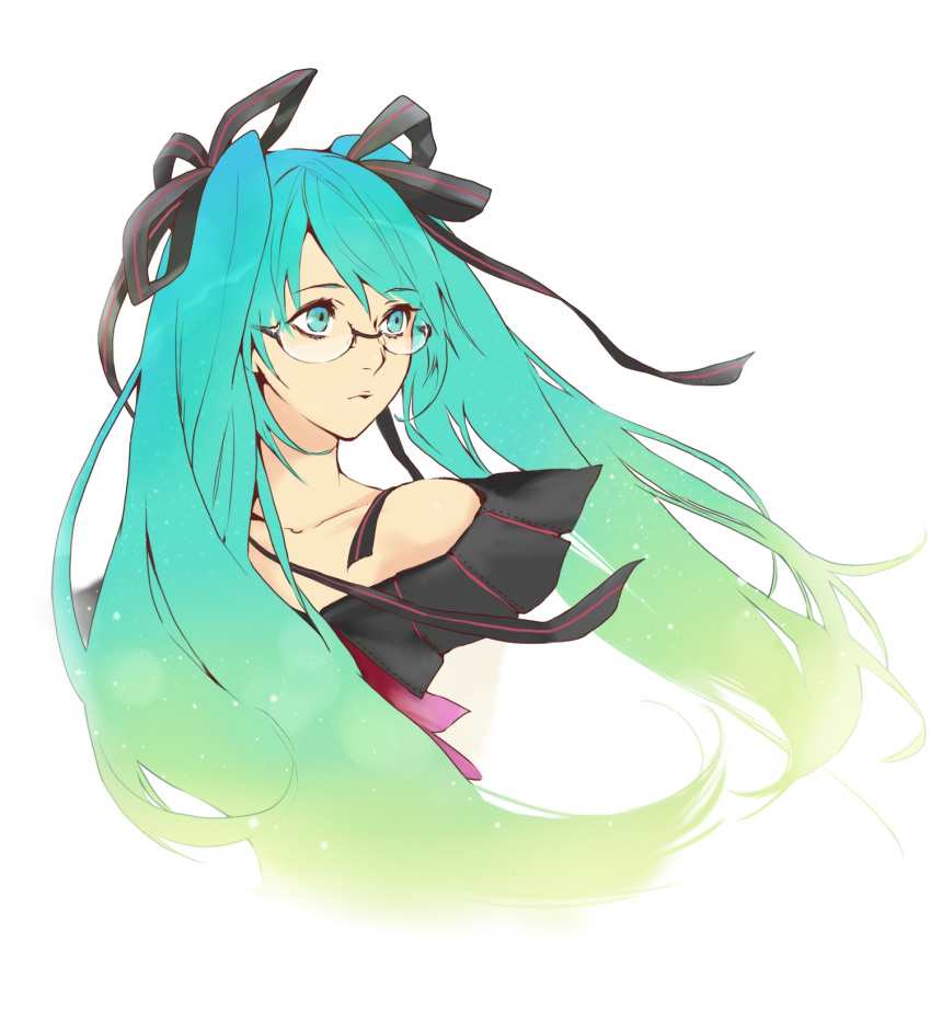 1girl, aqua_eyes, aqua_hair, bespectacled, bust, glasses, gradient_hair, hatsune_miku