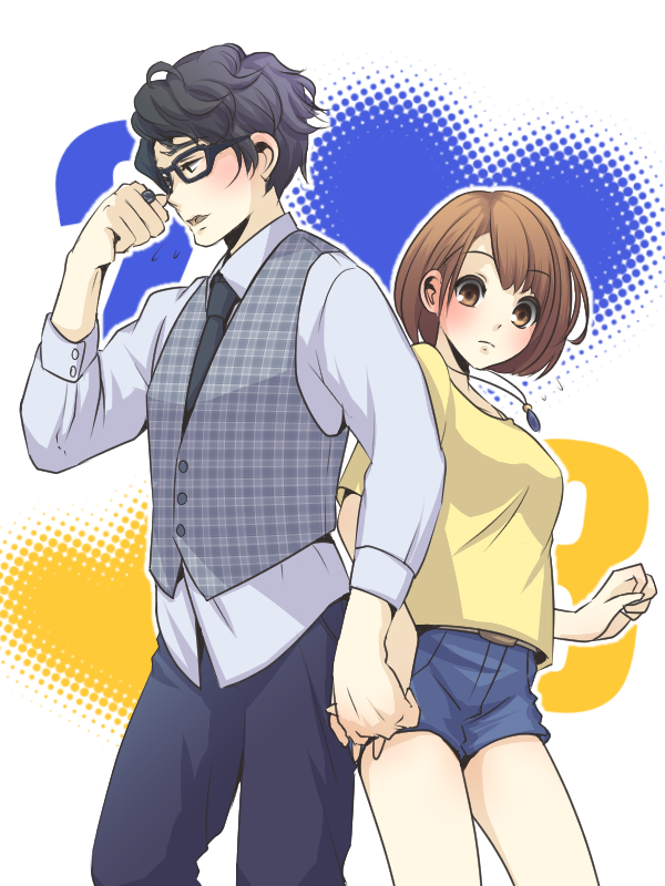 1boy, 1girl, blush, brown_eyes, brown_hair, glasses, holding_hands, jewelry