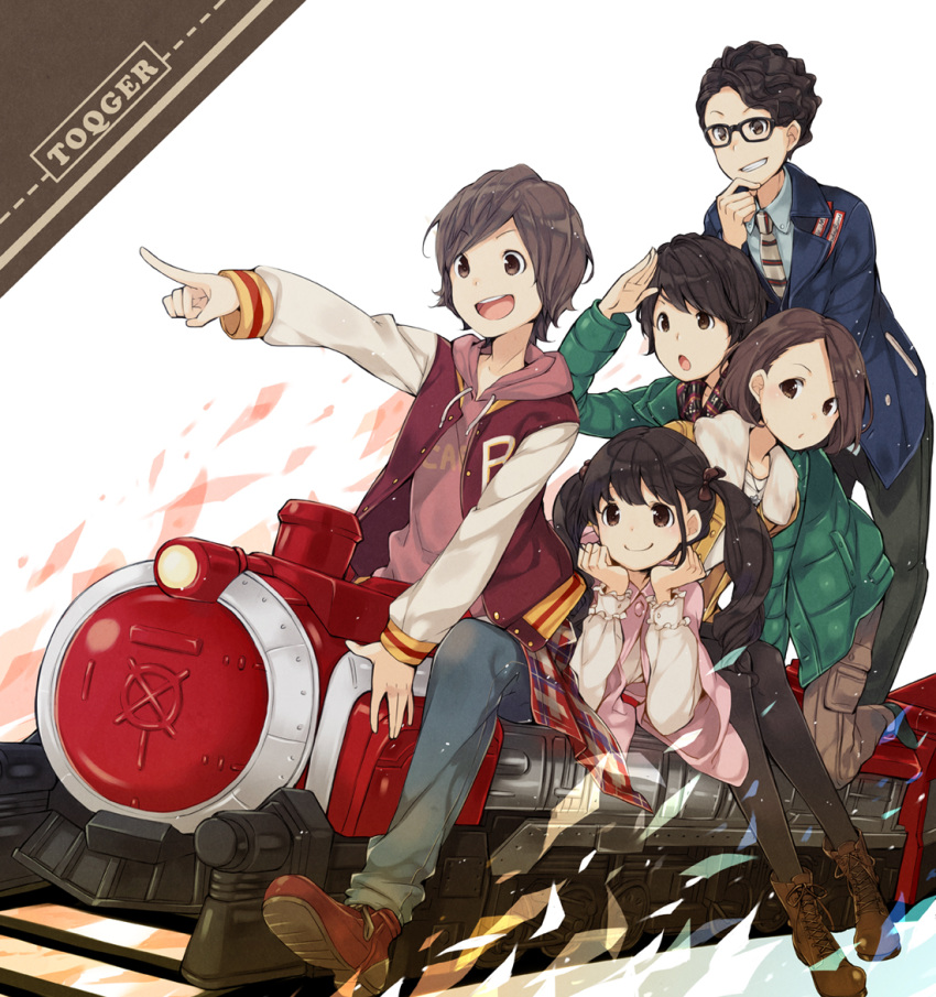 2girls, 3boys, black_hair, chiko_(mizuho), glasses, hikari_(ressha_sentai_toqger), jacket, kagura_(ressha_sentai_toqger), long_hair, mio_(ressha_sentai_toqger), multiple_boys, multiple_girls, pointing, ressha_sentai_toqger, right_(ressha_sentai_toqger), short_hair, super_sentai, tokatti_(ressha_sentai_toqger), train, twintails