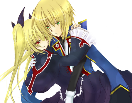 black, blazblue, blonde_hair, blue, fashions, gothic_lolitha, green_eyes, jin_kisaragi, rachel_alucard, red, red_eyes, ribbon, uniform