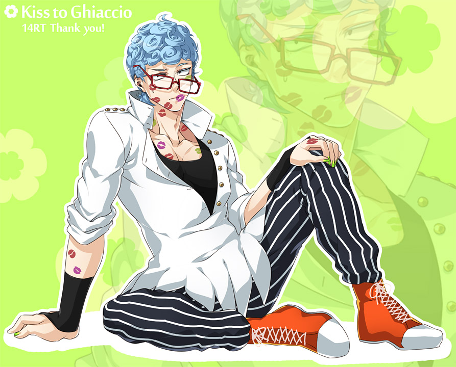 1boy, blue_hair, curly_hair, ghiaccio, glasses, hokuto_shun, jojo_no_kimyou_na_bouken, kiss_mark