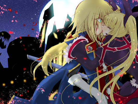 black, blazblue, blonde_hair, blood, blue, closed_eyes, fashions, gothic_lolitha, green_eyes, jin_kisaragi, kiss, moon, moonlight, rachel_alucard, red_eyes, ribbon, uniform