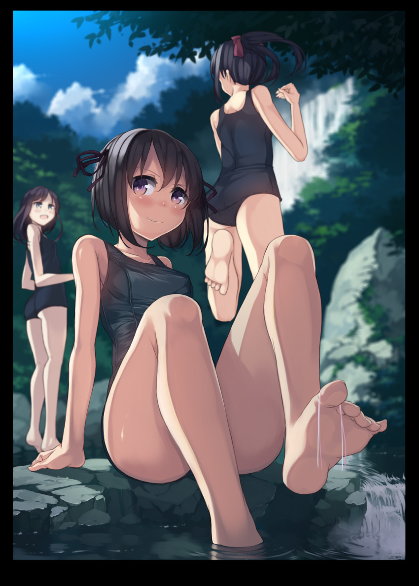 3girls, arm_support, bare_legs, barefoot, black_hair, blurry, blush, border