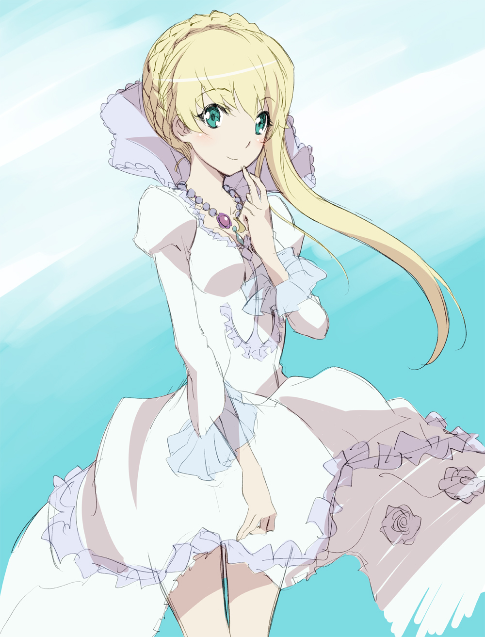 1girl, aldnoah.zero, asseylum_vers_allusia, blonde_hair, blush, braid, dress, eyelashes, green_eyes, hair_up, happy, highres, jewelry, long_hair, looking_at_viewer, sketch, smile, solo, sora_shido, standing, white_dress
