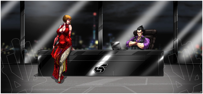 1boy, 1girl, anna_williams, black_hair, breasts, bridal_gauntlets, brown_hair, china_dress
