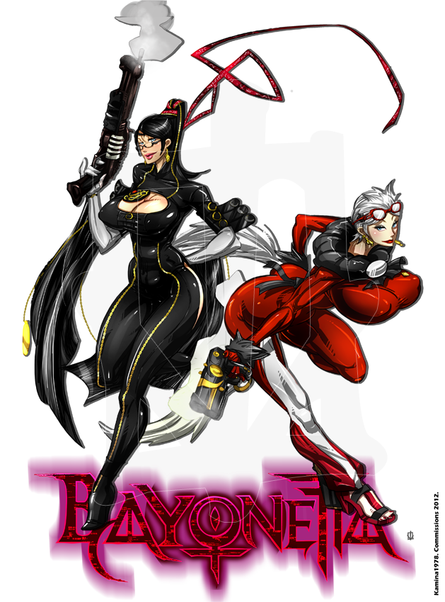 2girls, amulet, bayonetta, bayonetta_(character), beehive_hairdo, black_hair, blue_eyes, bodysuit, bouncing_breasts, breasts, cleavage, cleavage_cutout, fur_collar, glasses, gun, hair_ribbon, handgun, high_heels, huge_breasts, jeanne_(bayonetta), kamina1978, lipstick, lipstick_tube, long_hair, makeup, mole, mouth_hold, multiple_girls, pinky_out, ribbon, running, semi-rimless_glasses, short_hair, shotgun, smoke, smoking_gun, sunglasses, sunglasses_on_head, transparent_background, under-rim_glasses, watermark, weapon, white_hair