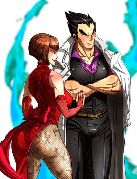 1boy, 1girl, anna_williams, ass, black_hair, bob_cut, bridal_gauntlets, brown_hair, china_dress, chinese_clothes, couple, crossed_arms, dress, elbow_gloves, eyebrows, fishnet_gloves, fishnet_pantyhose, fishnets, gloves, jacket_on_shoulders, kamina1978, mishima_kazuya, muscle, pantyhose, red_dress, scar, side_slit, tekken, thick_eyebrows