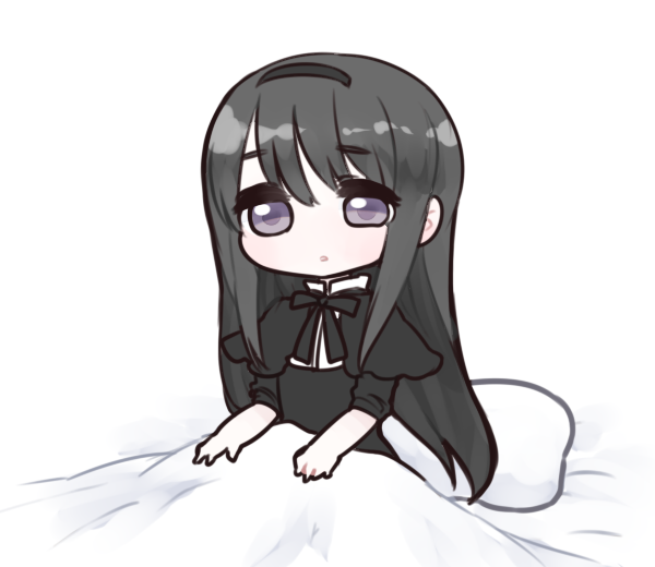 1girl, akemi_homura, black_hair, blanket, chibi, dress, fc_(efushii), funeral_dress