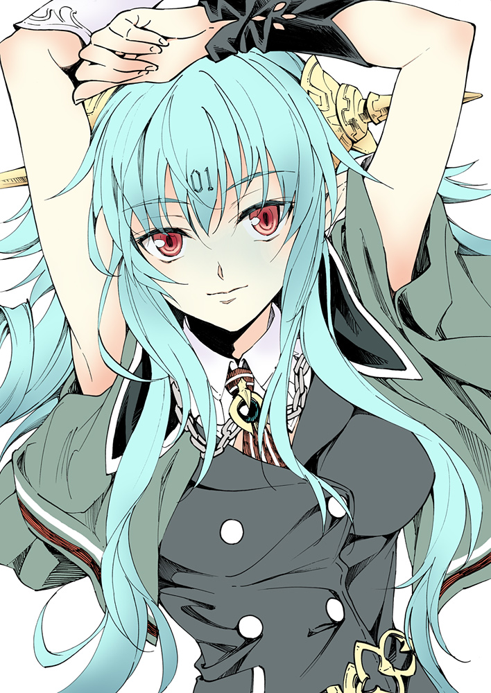 1girl, adelhied, agahari, arms_up, blue_hair, breasts, chain, hairband, kinki_no_magna, long_hair, looking_at_viewer, open_clothes, open_shirt, red_eyes, simple_background, smile, white_background, wrist_cuffs