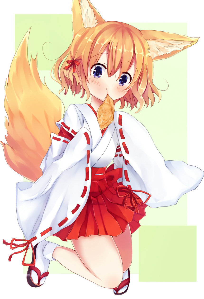 1girl, aburaage, animal_ears, bare_legs, blonde_hair, blue_eyes, food, fox_ears