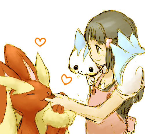 1girl, blue_hair, feeding, heart, hikari_(pokemon), kosumo_(kosuhoshi), lopunny, lowres