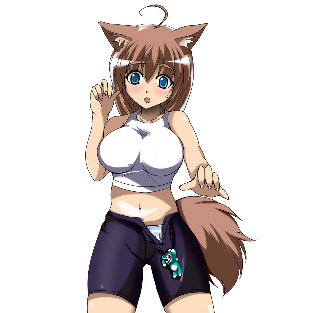 1girl, ahoge, animal_ears, blue_eyes, blush, breasts, collarbone, impossible_clothes, large_breasts, midriff, navel, onaho_(otayoku), open_mouth, original, panties, simple_background, solo, striped, striped_panties, tail, underwear, white_background, wolf_ears, wolf_tail