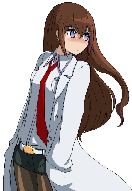 1girl, blush, brown_hair, expressionless, hands_in_pockets, kosumo_(kosuhoshi), labcoat, legwear_under_shorts, looking_away, makise_kurisu, shorts, simple_background, solo, steins;gate, violet_eyes, white_background