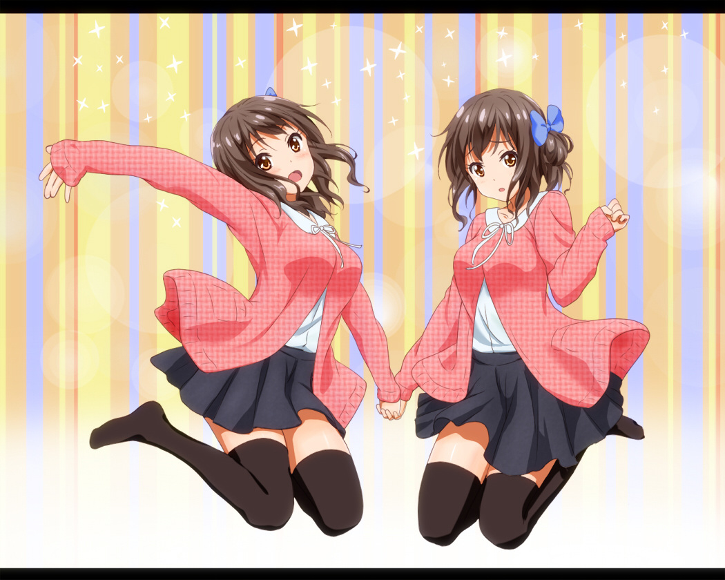 2girls, black_legwear, blush, bow, brown_eyes, brown_hair, hair_bow, interlocked_fingers