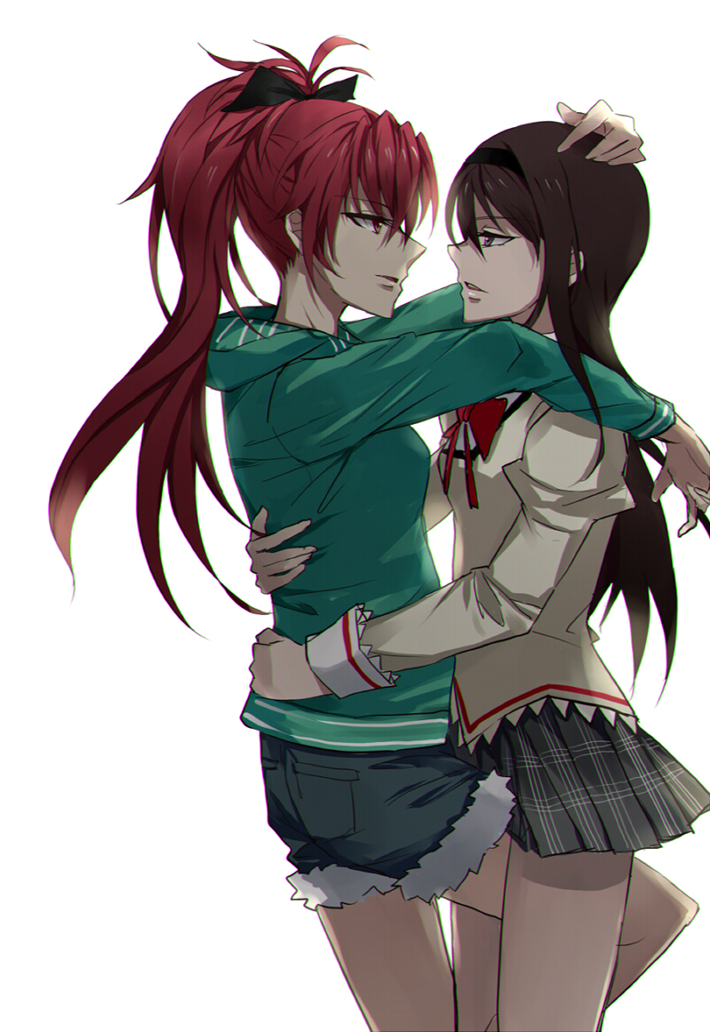 2girls, akemi_homura, ashthorn, bare_legs, black_hair, bow, casual, eye_contact