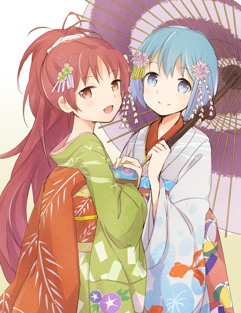 2girls, alternate_costume, atea, blue_eyes, blue_hair, blush, fang, flower