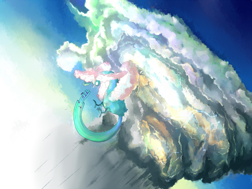 altaria, beak, blue_sky, closed_eyes, clouds, flying, fuujin_(sajinnarashi), mega_altaria, mega_pokemon, musical_note, no_humans, pokemon, pokemon_(creature), pokemon_(game), pokemon_oras, rain, singing, sky, tail, thunder, wings