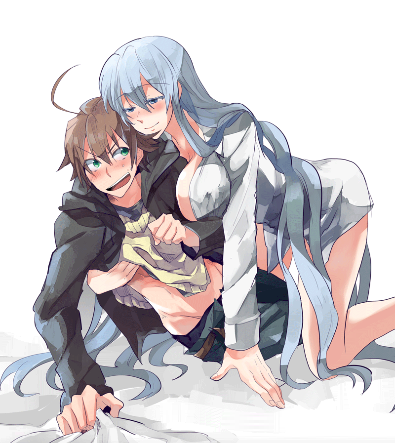 ahoge, akame_ga_kill!, blue_eyes, blue_hair, blush, breasts, brown_hair, esdeath