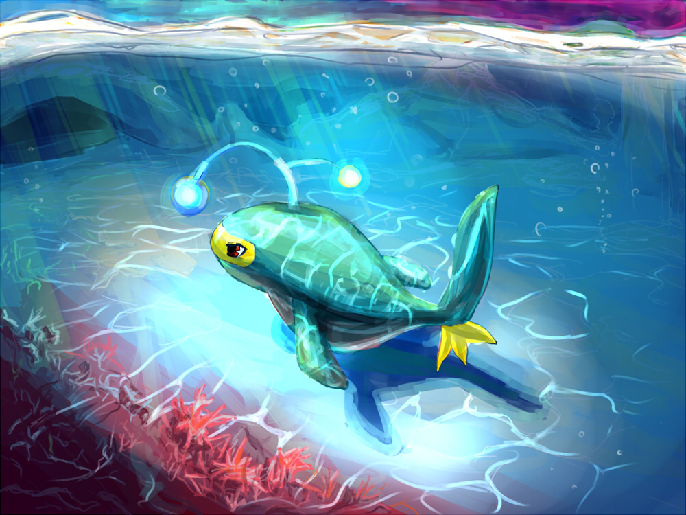 caustics, coral, fins, fish, fuujin_(sajinnarashi), glowing, lanturn, no_humans