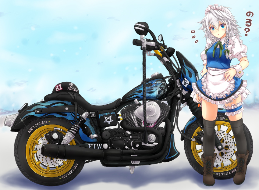 1girl, acdc, apron, black_legwear, blue_eyes, boots, braid, garters