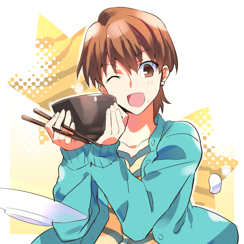 1girl, bowl, brown_eyes, brown_hair, chopsticks, fate/stay_night, fate_(series), food_on-face, fujimura_taiga, kon_manatsu, one_eye_closed, short_hair, solo