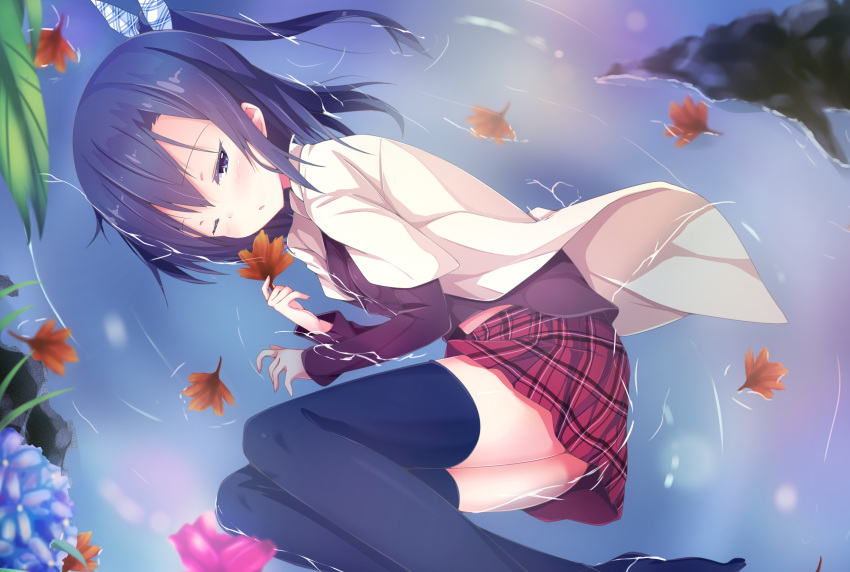 1girl, absurdres, erimu, highres, leaf, one_eye_closed, original, partially_submerged