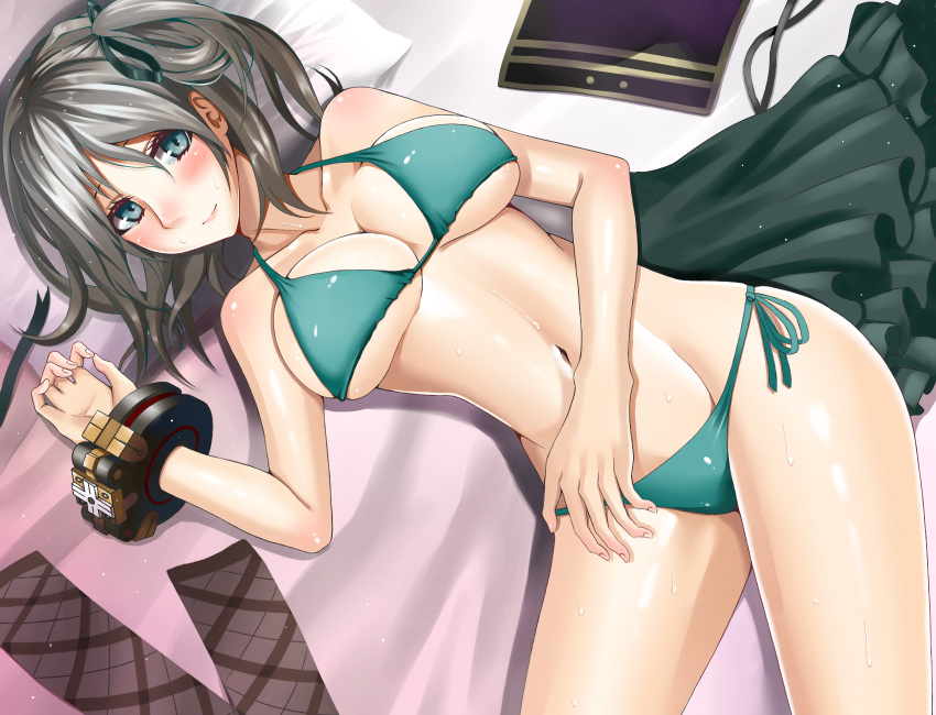 1girl, alternate_costume, aqua_bikini, bikini, blue_eyes, blush, breasts, ciel_alencon