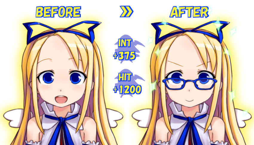 bare_shoulders, before_and_after, bespectacled, blonde_hair, blue_eyes, bow, detached_sleeves, disgaea