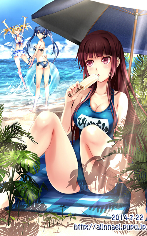3girls, beach, bikini, black_hair, blonde_hair, brown_eyes, brown_hair, innertube