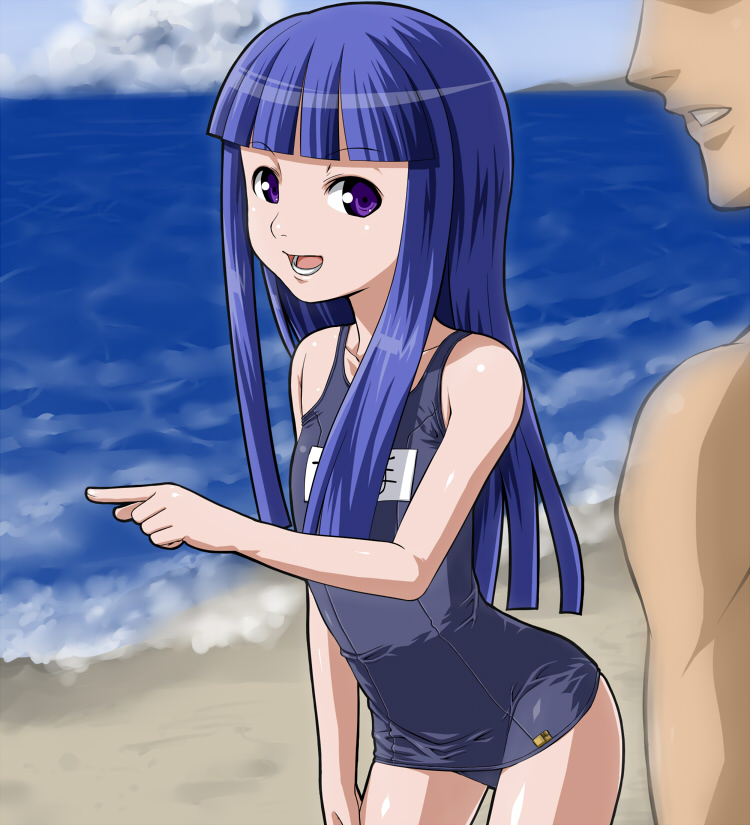 blue_hair, child, furude_rika, higurashi_no_naku_koro_ni, kuki_keiji, long_hair, one-piece_swimsuit, pointing