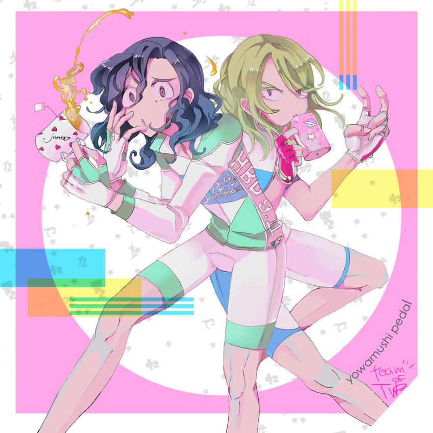 2boys, aoyagi_hajime, blonde_hair, blue_hair, copyright_name, fingerless_gloves, gloves, heart