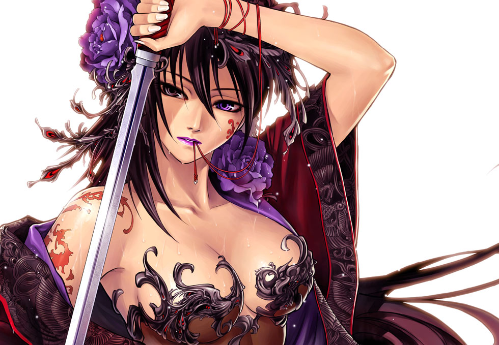 1girl, arm_up, bangs, black_eyes, black_hair, breasts, brown_hair, bust, cleavage, collarbone, embellished_costume, facial_mark, female, fingernails, flower, hair_flower, hair_ornament, heterochromia, holding, holding_sword, holding_weapon, japanese_clothes, kimono, lipstick, long_fingernails, long_hair, mouth_hold, nail_polish, off_shoulder, original, purple_eyes, purple_flower, purple_lips, purple_lipstick, ribbon, sayo_tanku, shiny, shiny_skin, sideboob, simple_background, solo, sword, tattoo, very_long_hair, weapon, wet, white_background, wide_sleeves, yuyn