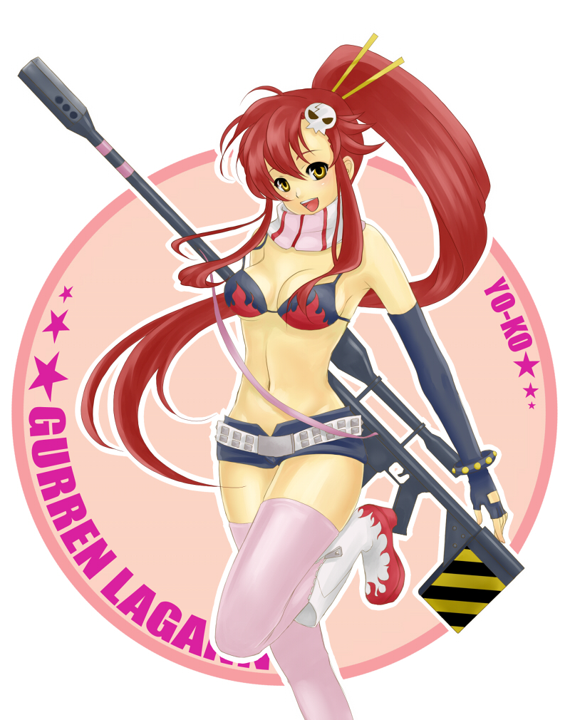 1girl, belt, bikini, bikini_top, boots, breasts, cleavage, elbow_gloves, fingerless_gloves, gloves, gun, hair_ornament, ladybird8n, ladybird8n_(pixiv), long_hair, midriff, navel, ponytail, red_hair, redhead, scarf, shorts, smile, solo, studded_belt, swimsuit, tengen_toppa_gurren_lagann, thighhighs, weapon, yellow_eyes, yoko_littner, yoko_ritona