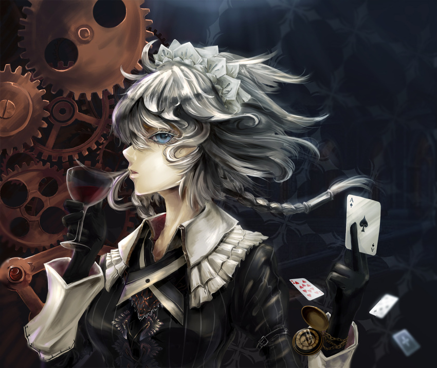 1girl, ace, ace_of_spades, alcohol, alternate_costume, blue_eyes, braid, card