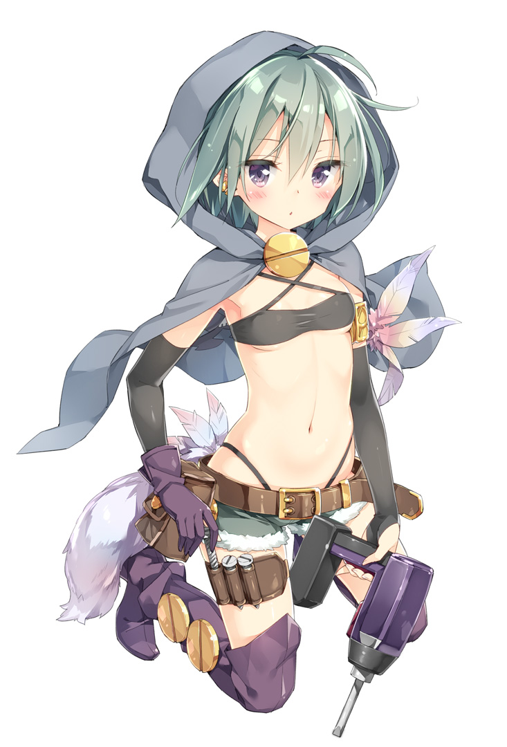 1girl, ahoge, belt, black_panties, blush, boots, character_request, green_hair