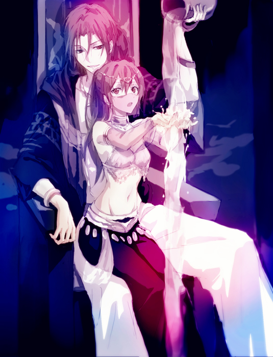 1boy, 1girl, arabian_clothes, brother_and_sister, dancer, free!, jewelry, long_hair, matsuoka_gou, matsuoka_rin, midriff, navel, open_mouth, ponytail, red_eyes, redhead, sharp_teeth, short_hair, siblings, smile, splash_free, veil, water