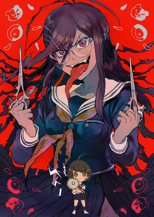 2girls, ahoge, brown_hair, chibi, dangan_ronpa, fukawa_touko, genocider_shou, glasses