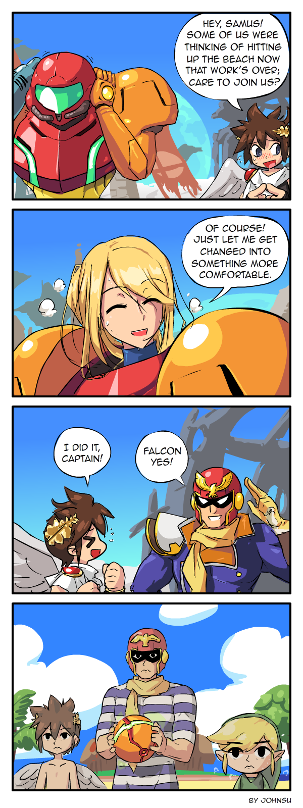 1girl, 3boys, 4koma, ^_^, beach, blonde_hair, breath, brown_hair, captain_falcon, closed_eyes, clouds, comic, earth, english, f-zero, female, hair_ornament, headwear_removed, helmet, helmet_removed, highres, island, john_su, kid_icarus, link, long_hair, male, metroid, morph_ball, multiple_boys, palm_tree, pit_(kid_icarus), ponytail, samus_aran, simple_background, sky, super_smash_bros., the_legend_of_zelda, toon_link, tree, varia_suit, water, wind_waker, wings